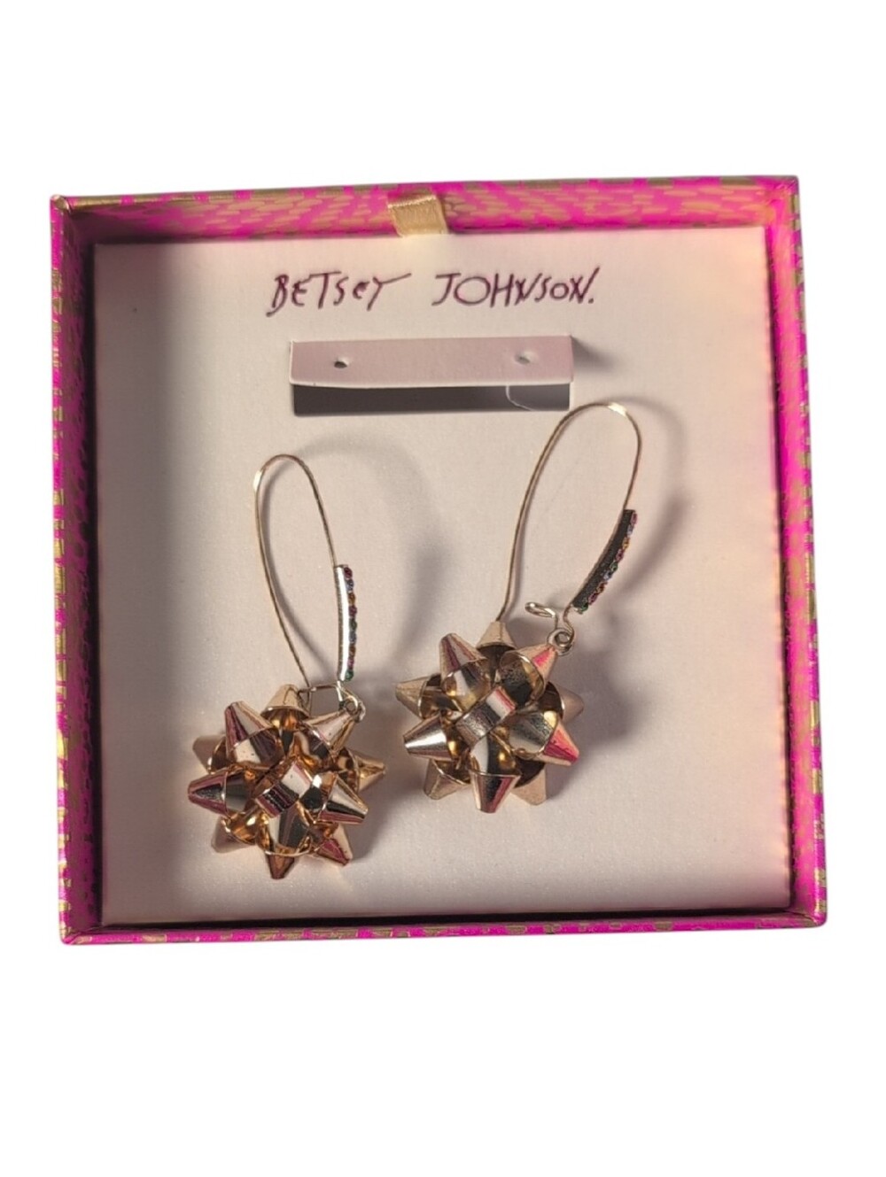 Betsey Johnson Large Gift Bow Gold Tone Dangle Earrings
